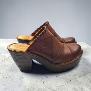 Born Womens Brown Leather Patchwork Platform Clogs Mules Size 8M F14502 VCJH16